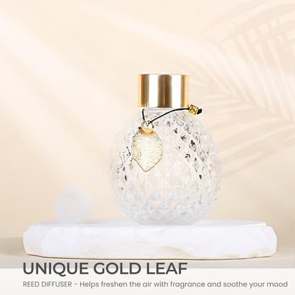 Trifolic Reed Diffuser Set with Metal Golden Decoration, 3.5-4.2oz Empty Reed Diffuser Bottles with 20Pcs Reed Diffuser Sticks, Unique Design Bottles for Home and Office