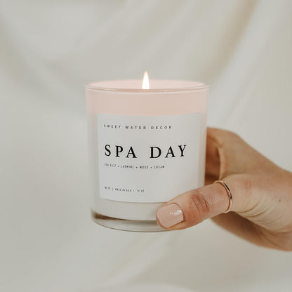 Sweet Water Decor Salt and Sea Candle - Sea Salt, Citrus, Amber, Musk, Beach Scented Soy Candles for Home - 11oz White Glass Jar   Wood Lid, 50  Hour Burn Time, Made in the USA