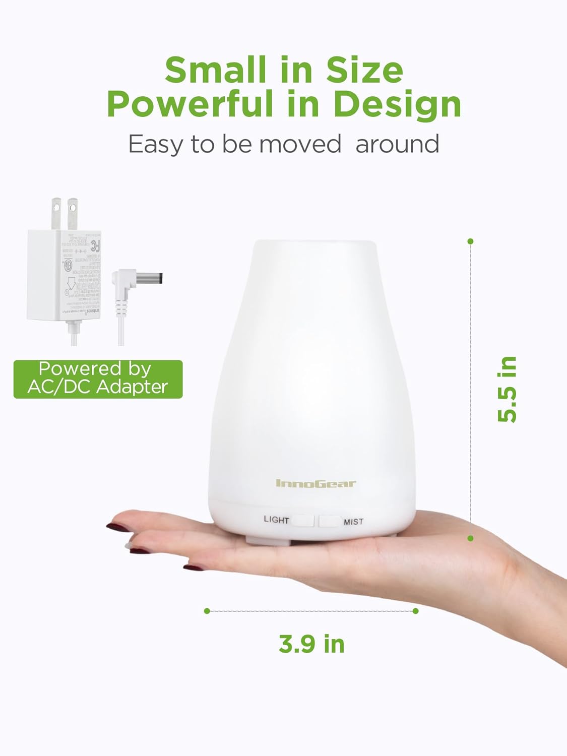 InnoGear Essential Oil Diffuser, Premium 5-in-1 Diffusers for Home Scent Aromatherapy Diffuser Air Desk Humidifier for Bedroom Large Room Office 7 Color LED 2 Mist Mode Waterless Auto Off, Basic White