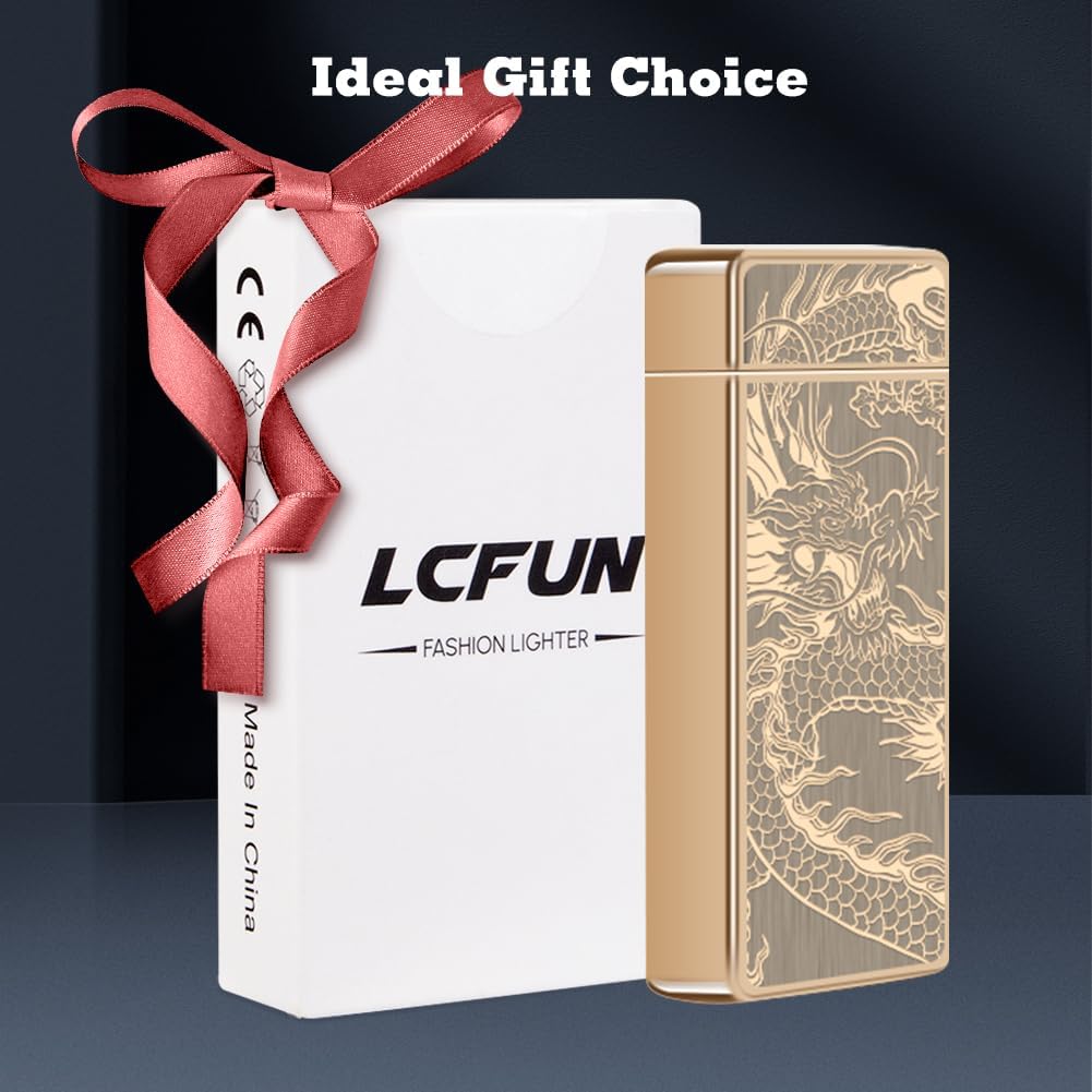 LcFun Electric USB Rechargeable Lighter, Windproof Plasma Dual Arc Lighter, Electronic Flameless Cool Lighters Gifts for Men Fathers Husband (Gold Dragon)