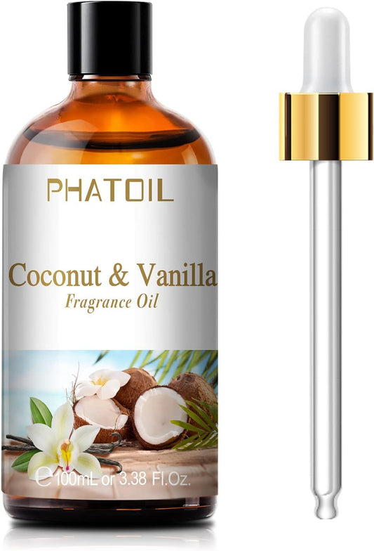 PHATOIL 3.38 FL.OZ Coconut & Vanilla Fragrance Oils for Aromatherapy, Essential Oils for Diffusers for Home, Perfect for Diffuser, Yoga, DIY Candle and Soap Making - 100ml