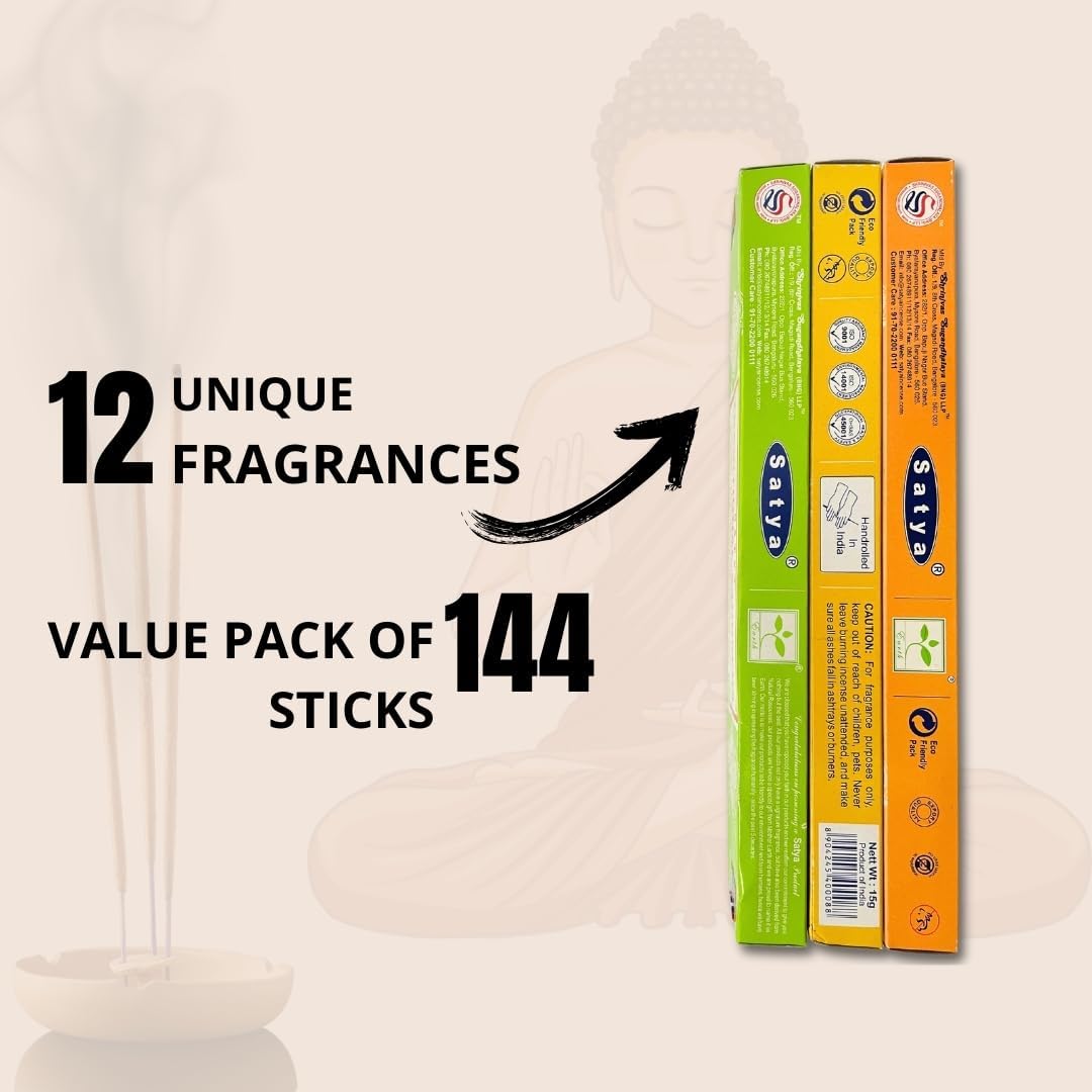 Satya Premium Mix Assorted Incense Sticks Set of 12 Pack | for Meditation, Aromatherapy, Healing, Yoga, Positivity and Relaxation | 180 Sticks (12Packs X 15Sticks)