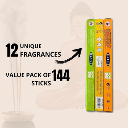 Satya Premium Mix Assorted Incense Sticks Set of 12 Pack | for Meditation, Aromatherapy, Healing, Yoga, Positivity and Relaxation | 180 Sticks (12Packs X 15Sticks)