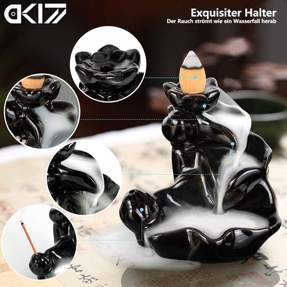 DK177 Waterfall Incense Holder Backflow Cone Ceramic Burner Handcrafted Porcelain Censer Incense Stick Stand with 20 Free Cones