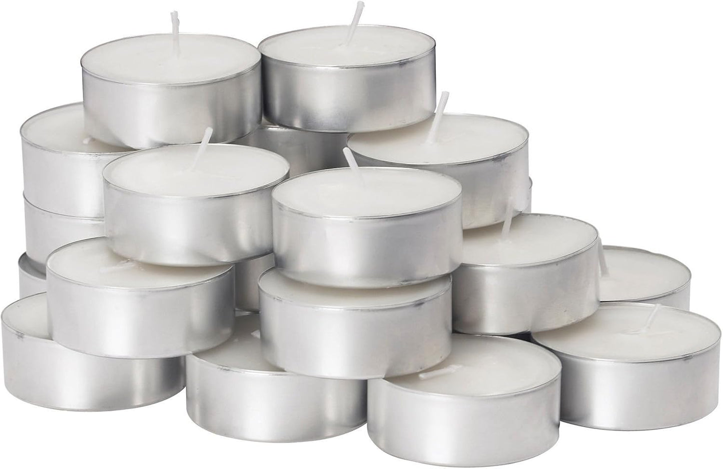 Tea Light Candles in Metal Cups - 4.5 Hours, Long Burning White Unscented Tea Candles - 250 Candles