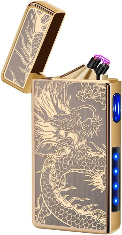 LcFun Electric USB Rechargeable Lighter, Windproof Plasma Dual Arc Lighter, Electronic Flameless Cool Lighters Gifts for Men Fathers Husband (Gold Dragon)
