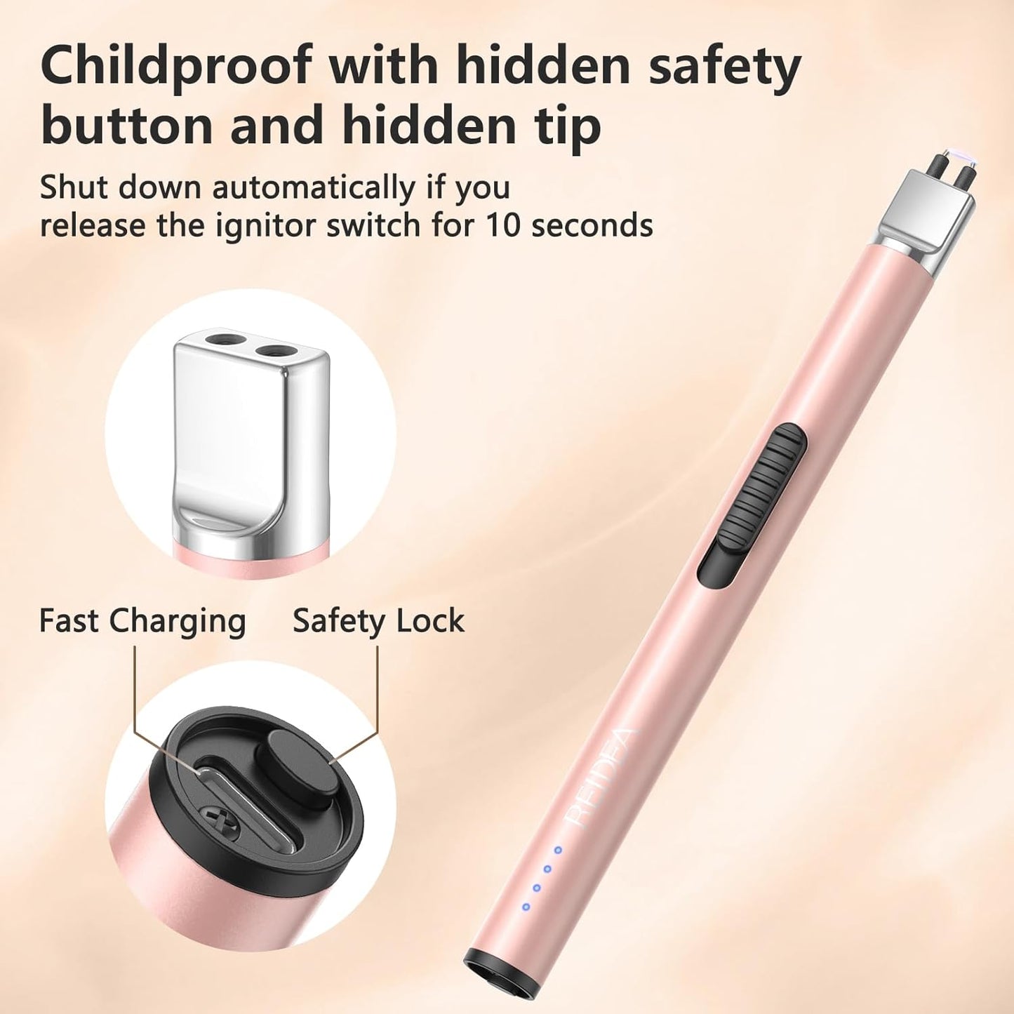 REIDEA Lighter Electric for Candle S4 Pro USB Rechargeable Safety Lock with LED Battery Indicator Flameless Windproof Arc Plasma Lighter for Candle, Fireworks (Champagne Gold)