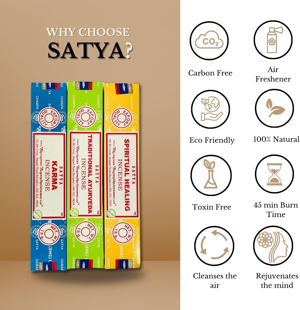 Satya Premium Mix Assorted Incense Sticks Set of 12 Pack | for Meditation, Aromatherapy, Healing, Yoga, Positivity and Relaxation | 180 Sticks (12Packs X 15Sticks)