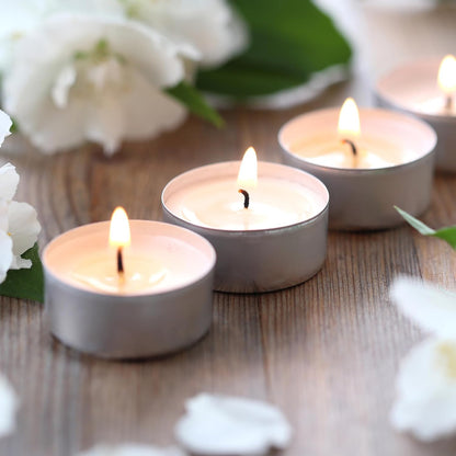 Tea Light Candles in Metal Cups - 4.5 Hours, Long Burning White Unscented Tea Candles - 250 Candles