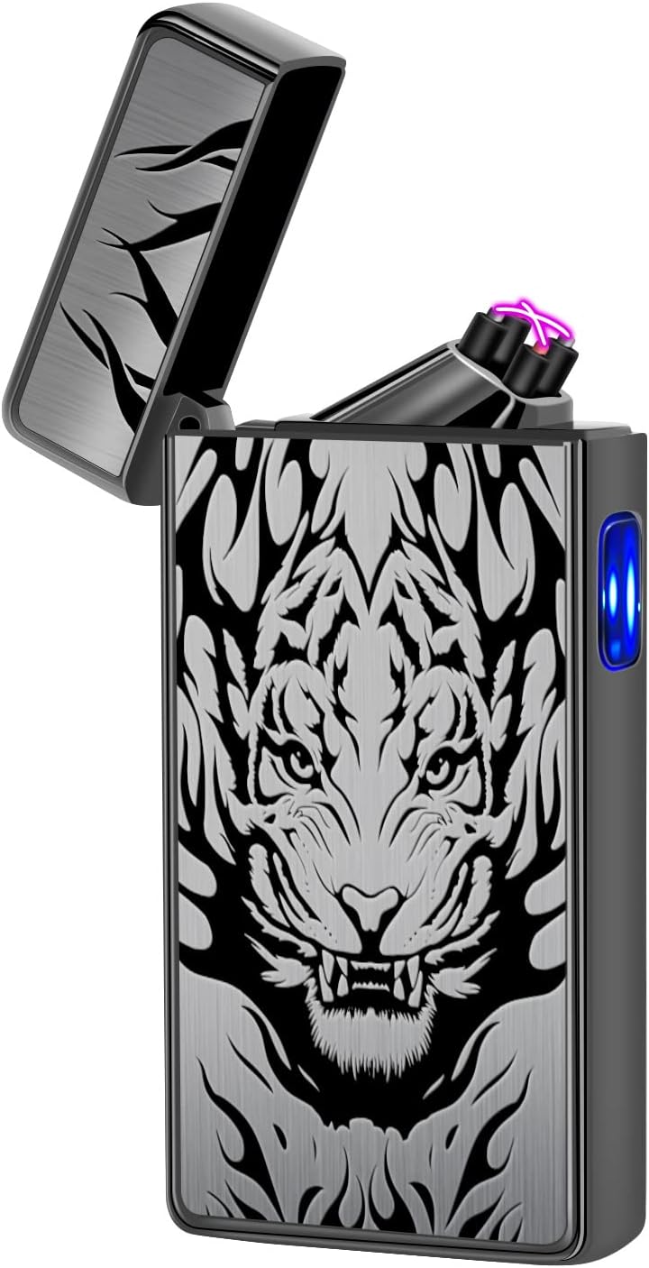 LcFun Electric USB Rechargeable Lighter, Windproof Plasma Dual Arc Lighter, Electronic Flameless Cool Lighters Gifts for Men Fathers Husband (Gold Dragon)