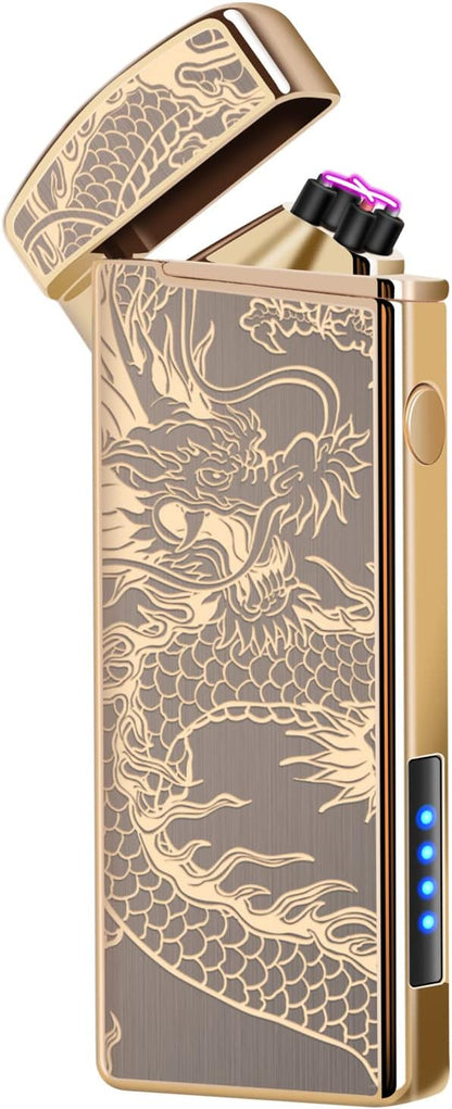 LcFun Electric USB Rechargeable Lighter, Windproof Plasma Dual Arc Lighter with LED Battery Indication, Electronic Flameless Cool Lighters Gifts for Men Fathers Husband (Black Dragon)