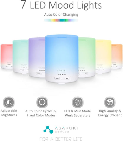 ASAKUKI 300ML Essential Oil Diffuser, Quiet 5-in-1 Premium Humidifier, Natural Home Fragrance Aroma Diffuser with 7 LED Color Changing Light and Auto-Off Safety Switch-Light Brown