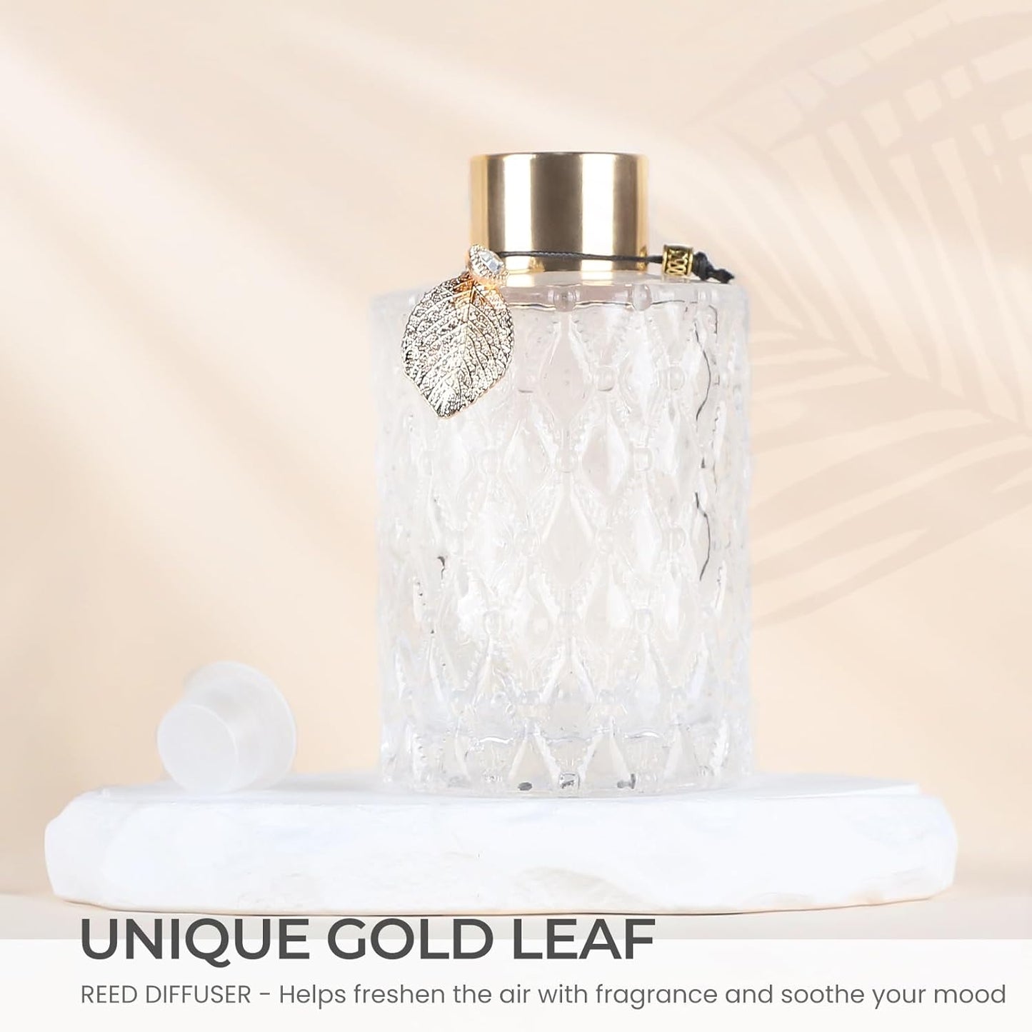 Trifolic Reed Diffuser Set with Metal Golden Decoration, 3.5-4.2oz Empty Reed Diffuser Bottles with 20Pcs Reed Diffuser Sticks, Unique Design Bottles for Home and Office
