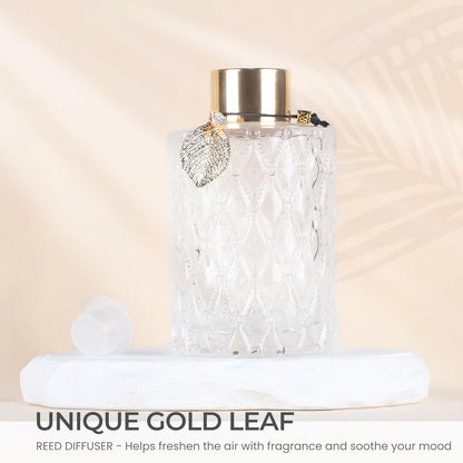 Trifolic Reed Diffuser Set with Metal Golden Decoration, 3.5-4.2oz Empty Reed Diffuser Bottles with 20Pcs Reed Diffuser Sticks, Unique Design Bottles for Home and Office