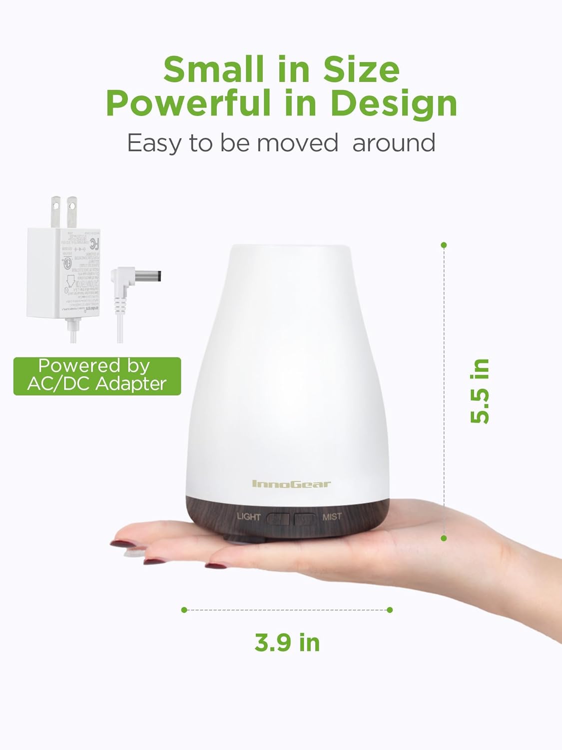 InnoGear Essential Oil Diffuser, Premium 5-in-1 Diffusers for Home Scent Aromatherapy Diffuser Air Desk Humidifier for Bedroom Large Room Office 7 Color LED 2 Mist Mode Waterless Auto Off, Basic White