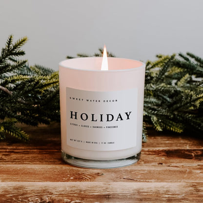 Sweet Water Decor Salt and Sea Candle - Sea Salt, Citrus, Amber, Musk, Beach Scented Soy Candles for Home - 11oz White Glass Jar   Wood Lid, 50  Hour Burn Time, Made in the USA