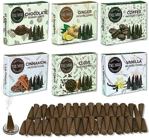 Trumiri Woody Incense Cones - Variety Pack - Total 60 Cone Incense (6 Scents x 10 Conos) - White Sage, Palo Santo, Dragons Blood, Sandalwood - Inscents-Cones Scented - Insense Cones - Incent Cone