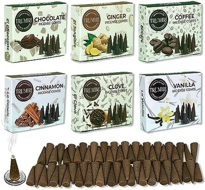 Trumiri Woody Incense Cones - Variety Pack - Total 60 Cone Incense (6 Scents x 10 Conos) - White Sage, Palo Santo, Dragons Blood, Sandalwood - Inscents-Cones Scented - Insense Cones - Incent Cone