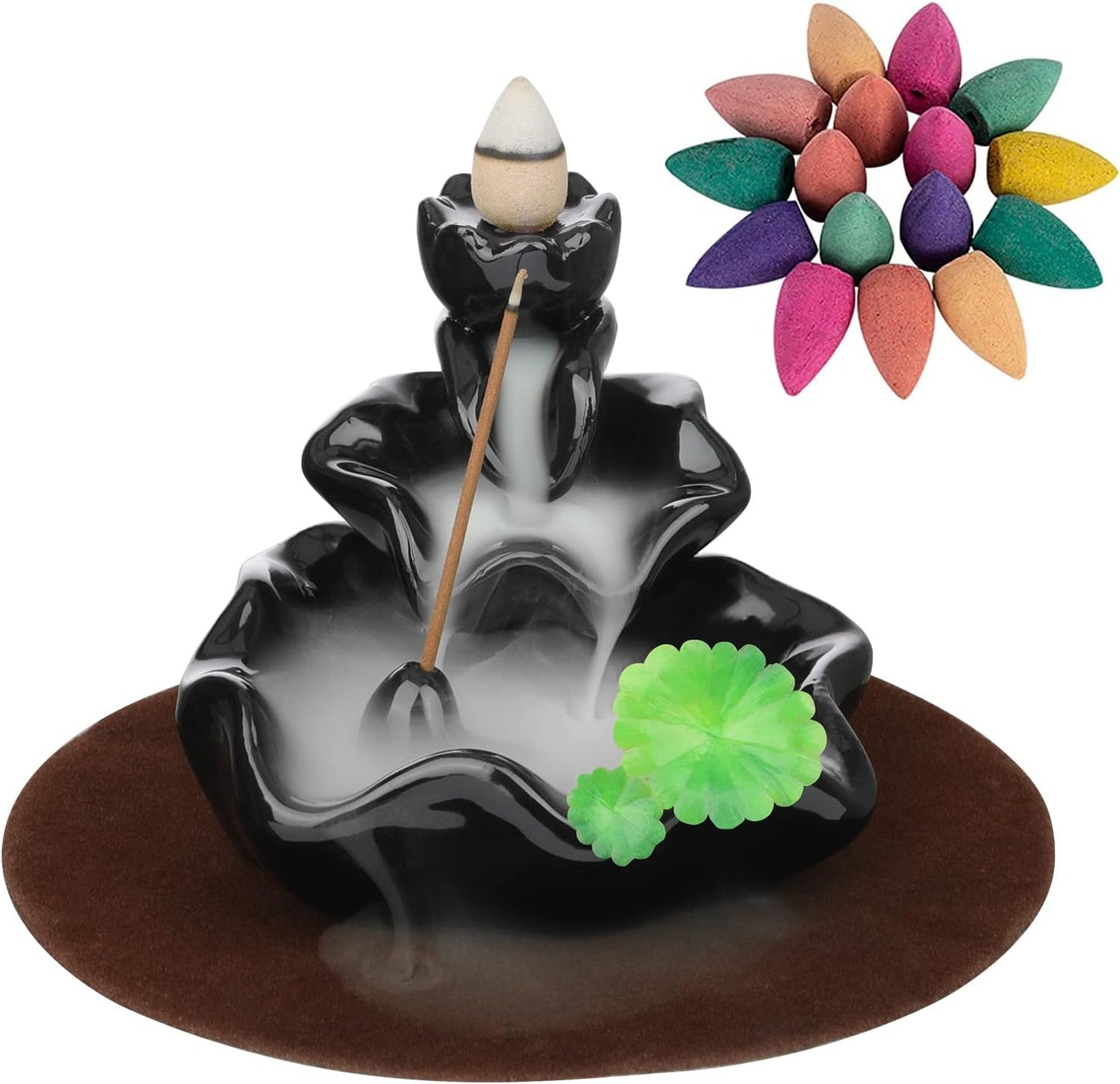 DK177 Waterfall Incense Holder Backflow Cone Ceramic Burner Handcrafted Porcelain Censer Incense Stick Stand with 20 Free Cones