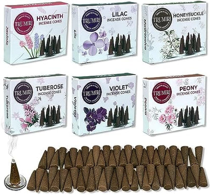 Trumiri Woody Incense Cones - Variety Pack - Total 60 Cone Incense (6 Scents x 10 Conos) - White Sage, Palo Santo, Dragons Blood, Sandalwood - Inscents-Cones Scented - Insense Cones - Incent Cone