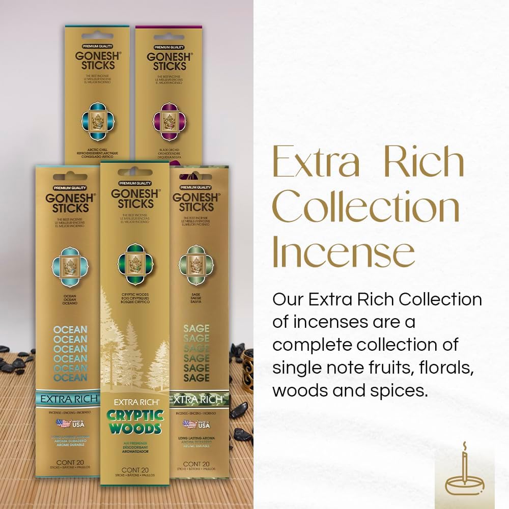 Gonesh - Extra Rich Scented Incense Sticks Variety Pack - Non-Toxic 10” Slow Burn Aromatic Sticks - Ocean, Cryptic Woods, Sage, Arctic Chill, Black Orchid - 5 Packs of 20 Sticks