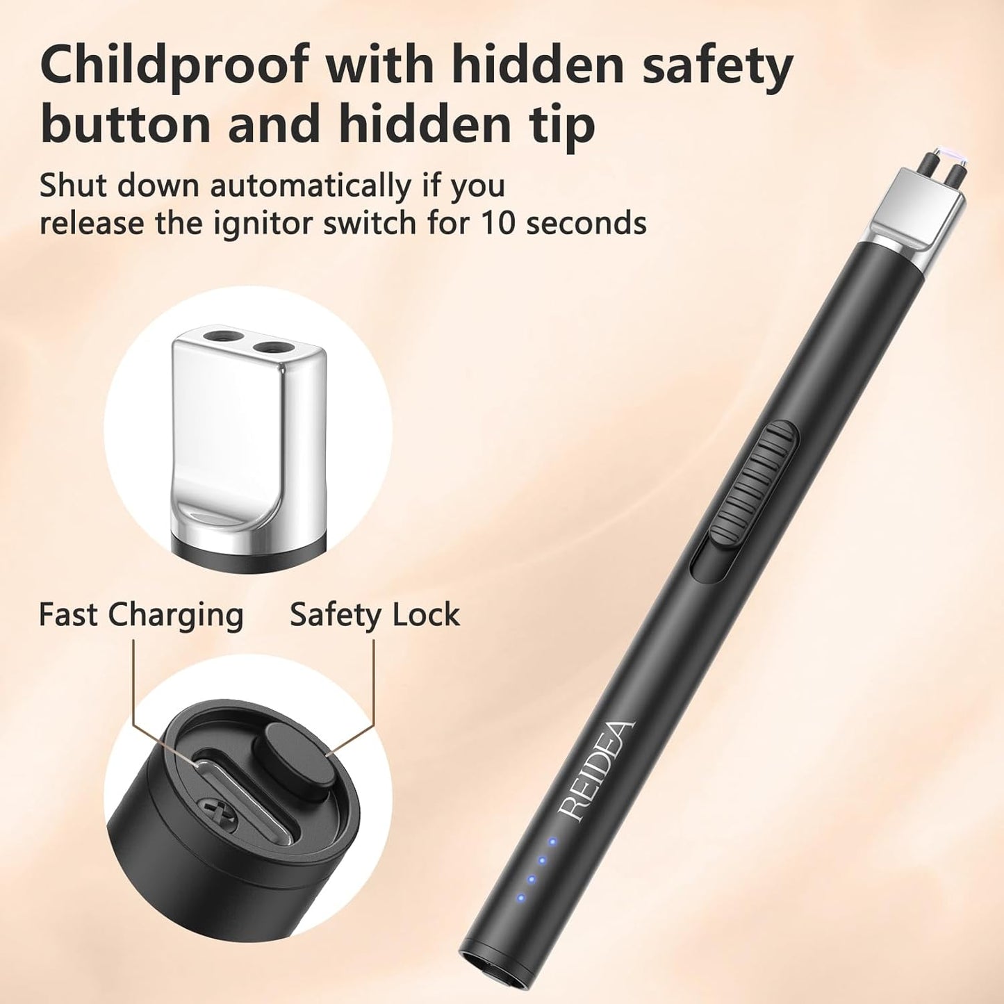 REIDEA Lighter Electric for Candle S4 Pro USB Rechargeable Safety Lock with LED Battery Indicator Flameless Windproof Arc Plasma Lighter for Candle, Fireworks (Champagne Gold)