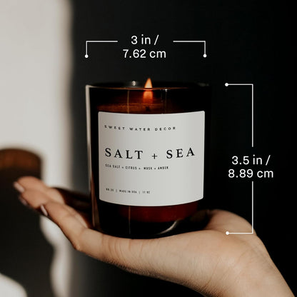 Sweet Water Decor Salt and Sea Candle - Sea Salt, Citrus, Amber, Musk, Beach Scented Soy Candles for Home - 11oz White Glass Jar   Wood Lid, 50  Hour Burn Time, Made in the USA