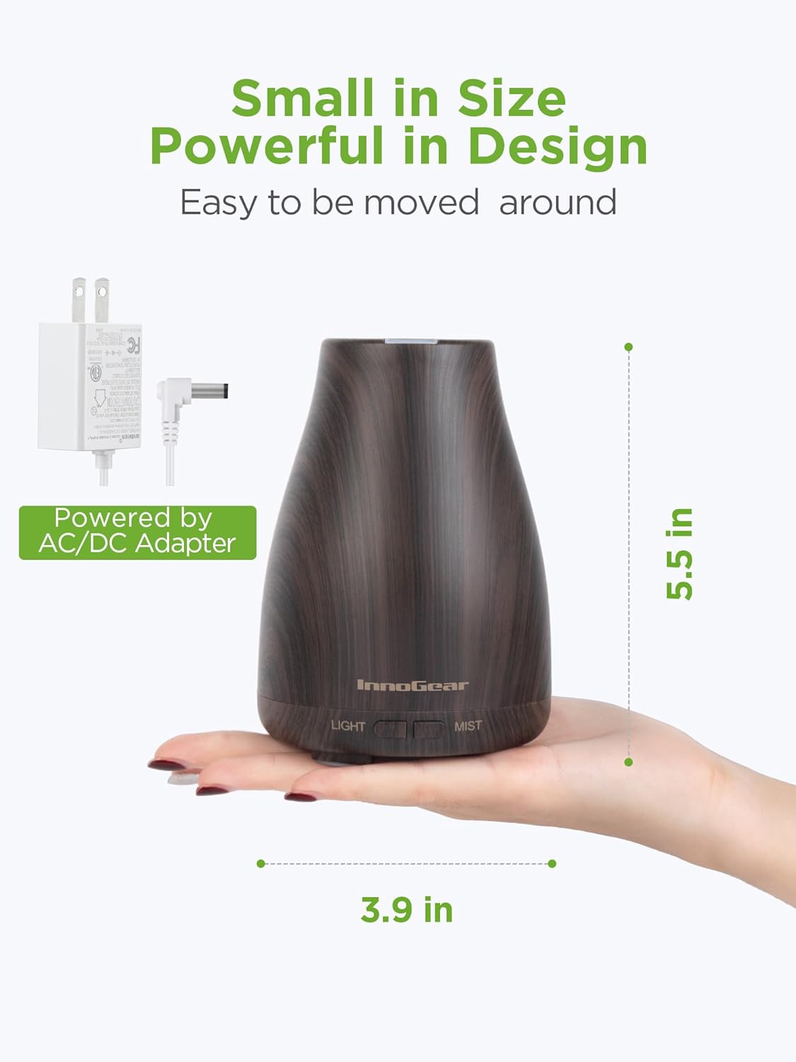 InnoGear Essential Oil Diffuser, Premium 5-in-1 Diffusers for Home Scent Aromatherapy Diffuser Air Desk Humidifier for Bedroom Large Room Office 7 Color LED 2 Mist Mode Waterless Auto Off, Basic White