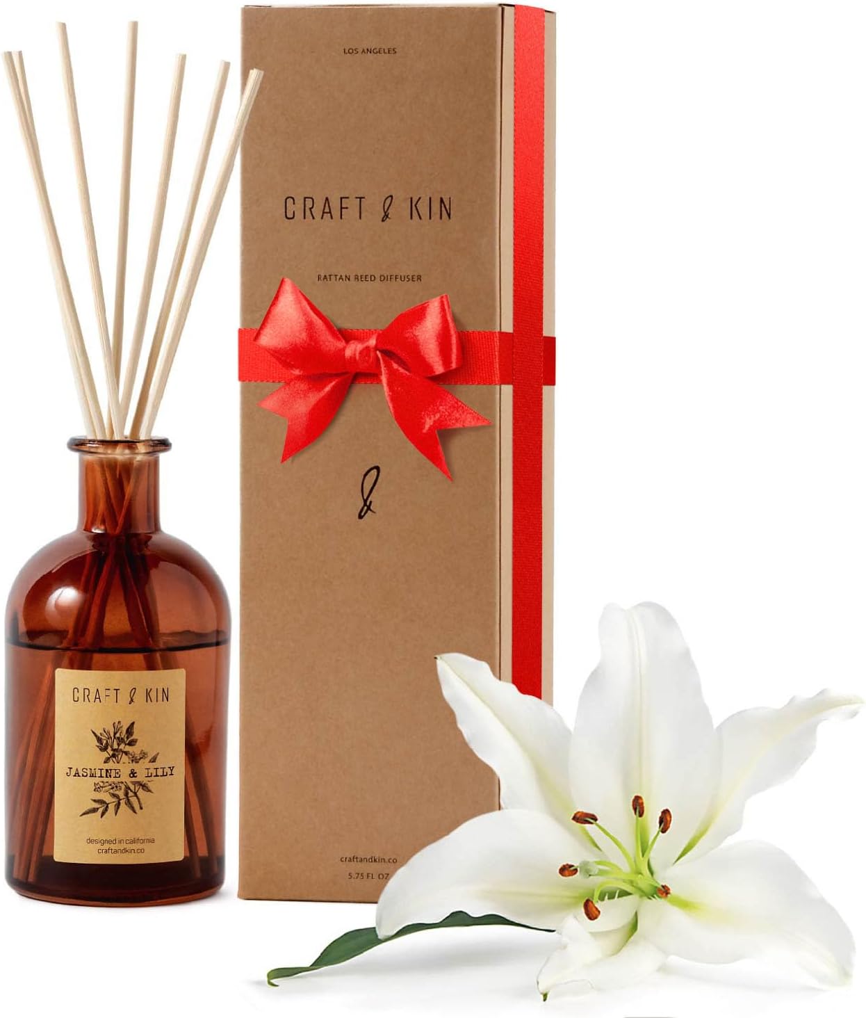 Jasmine & Lily Reed Diffuser | Includes All Natural Essential Oil & 8 Rattan Scent Sticks | Reed Diffuser Set for Bathroom | Reed Diffusers for Home | Long Lasting Home Fragrance in Amber Glass - 5.75oz