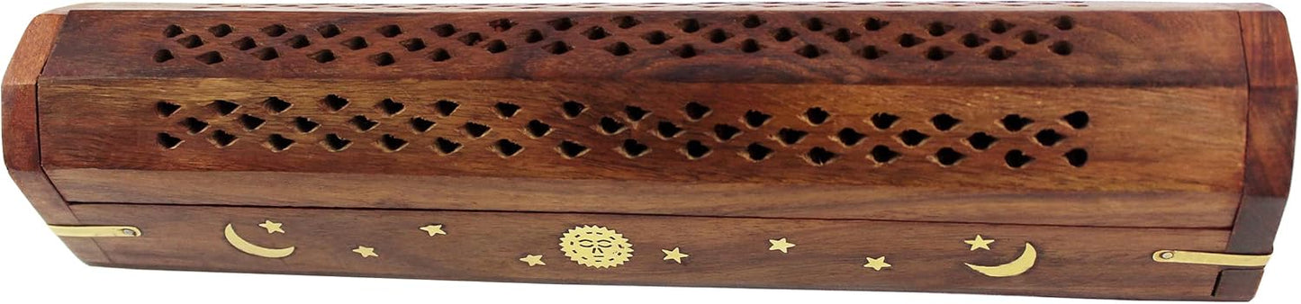 Sheesham Wood Incense Burner Holder - Set of 2 Coffin Style Sun Moon Inlay Handmade Aromatherapy Room Freshener Fragrance Cone Incense Stick Burner Ash Catcher - Zen Home Gift - 12x2x2 - COTTON CRAFT