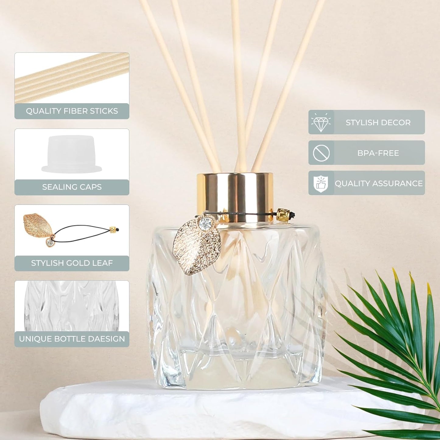 Trifolic Reed Diffuser Set with Metal Golden Decoration, 3.5-4.2oz Empty Reed Diffuser Bottles with 20Pcs Reed Diffuser Sticks, Unique Design Bottles for Home and Office