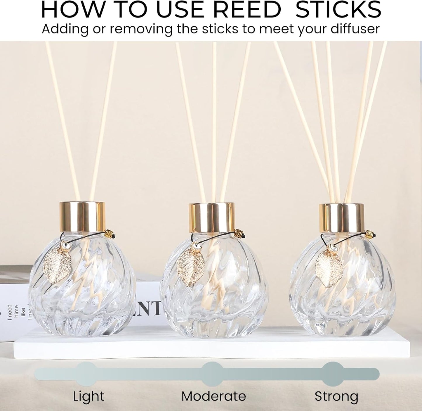 Trifolic Reed Diffuser Set with Metal Golden Decoration, 3.5-4.2oz Empty Reed Diffuser Bottles with 20Pcs Reed Diffuser Sticks, Unique Design Bottles for Home and Office