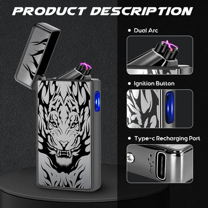 LcFun Electric USB Rechargeable Lighter, Windproof Plasma Dual Arc Lighter, Electronic Flameless Cool Lighters Gifts for Men Fathers Husband (Gold Dragon)