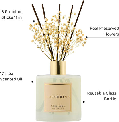 COCORRÍNA Reed Diffuser Set, Clean Linen Scented Diffuser with Sticks Home Fragrance Reed Diffuser for Bathroom Shelf Decor