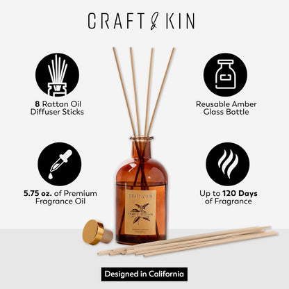 Jasmine & Lily Reed Diffuser | Includes All Natural Essential Oil & 8 Rattan Scent Sticks | Reed Diffuser Set for Bathroom | Reed Diffusers for Home | Long Lasting Home Fragrance in Amber Glass - 5.75oz
