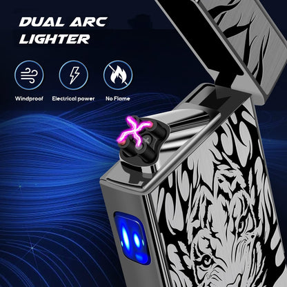 LcFun Electric USB Rechargeable Lighter, Windproof Plasma Dual Arc Lighter, Electronic Flameless Cool Lighters Gifts for Men Fathers Husband (Gold Dragon)