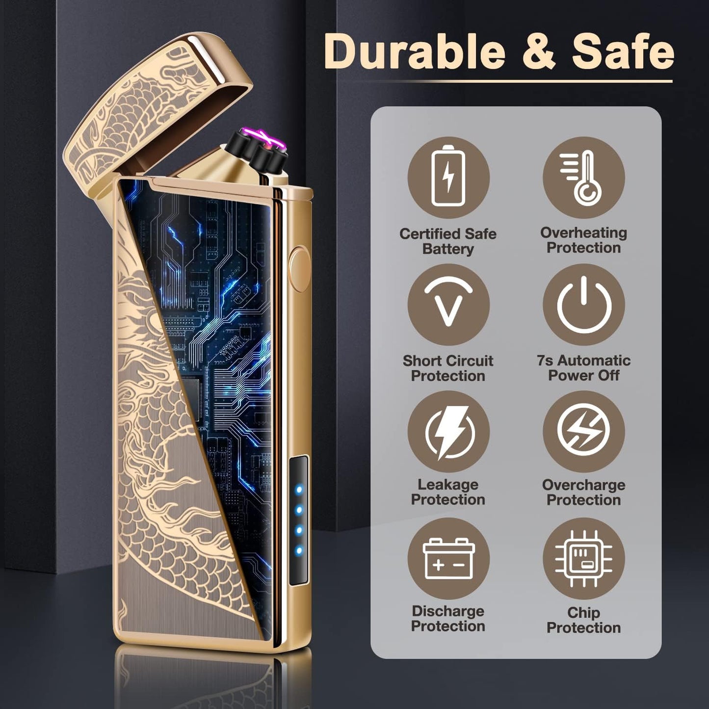 LcFun Electric USB Rechargeable Lighter, Windproof Plasma Dual Arc Lighter with LED Battery Indication, Electronic Flameless Cool Lighters Gifts for Men Fathers Husband (Black Dragon)