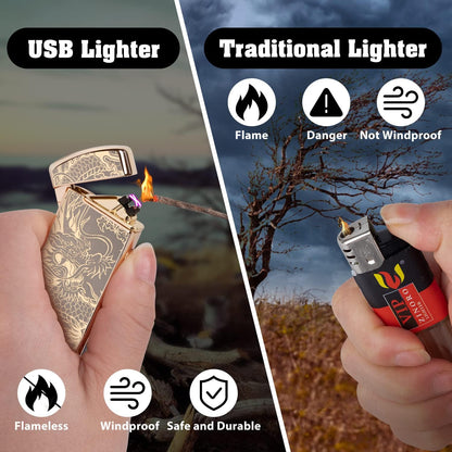 LcFun Electric USB Rechargeable Lighter, Windproof Plasma Dual Arc Lighter with LED Battery Indication, Electronic Flameless Cool Lighters Gifts for Men Fathers Husband (Black Dragon)