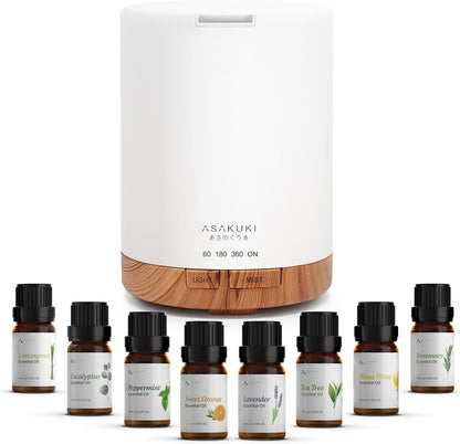 ASAKUKI 300ML Essential Oil Diffuser, Quiet 5-in-1 Premium Humidifier, Natural Home Fragrance Aroma Diffuser with 7 LED Color Changing Light and Auto-Off Safety Switch-Light Brown