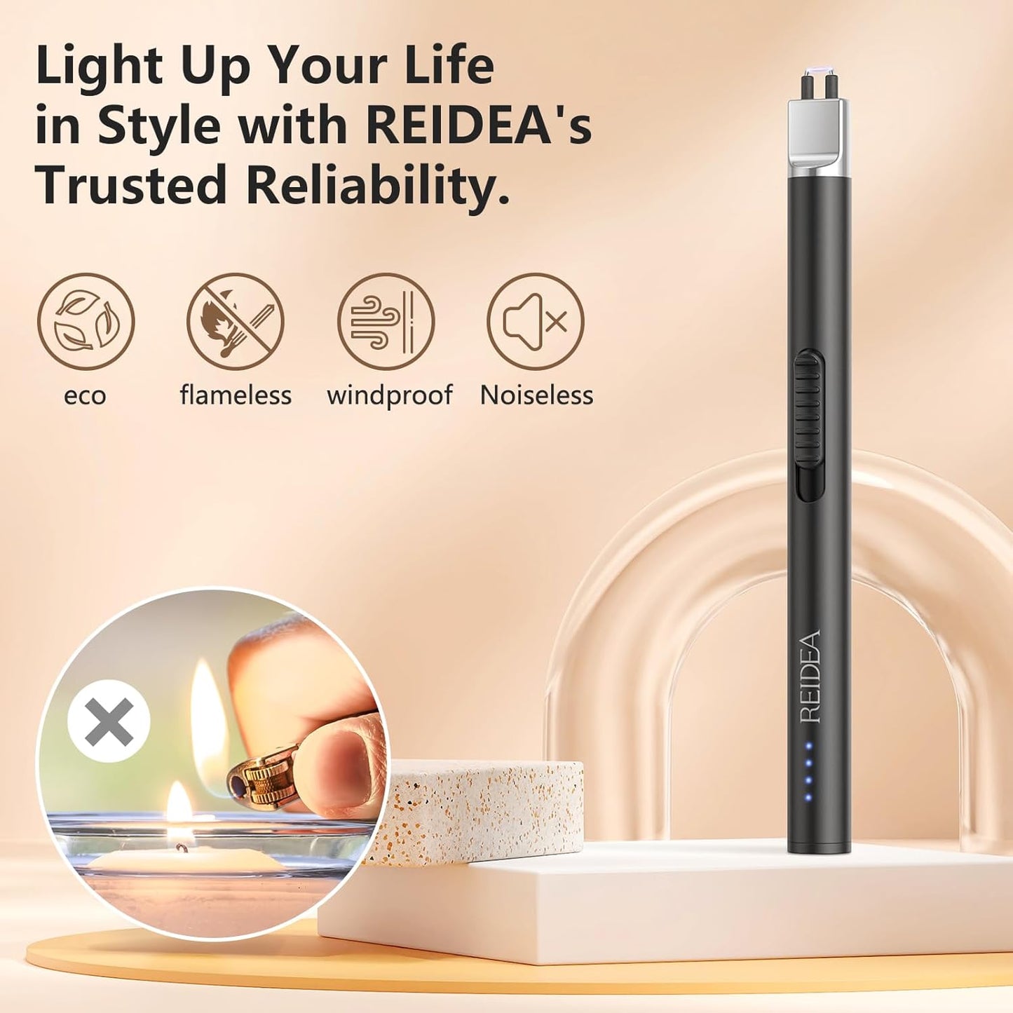 REIDEA Lighter Electric for Candle S4 Pro USB Rechargeable Safety Lock with LED Battery Indicator Flameless Windproof Arc Plasma Lighter for Candle, Fireworks (Champagne Gold)