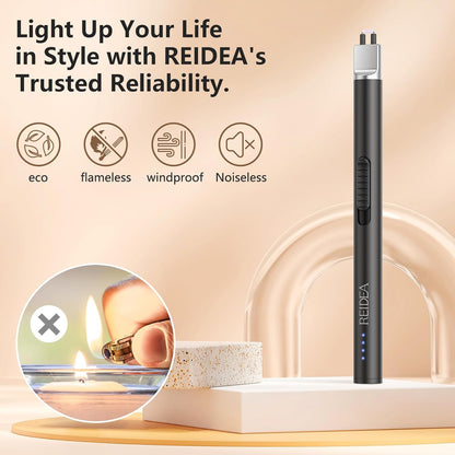 REIDEA Lighter Electric for Candle S4 Pro USB Rechargeable Safety Lock with LED Battery Indicator Flameless Windproof Arc Plasma Lighter for Candle, Fireworks (Champagne Gold)