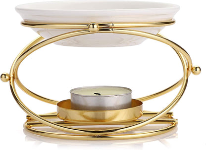 JuxYes European Metal Oil Burner Wax Warmer, Delicate Romantic Ceramic Tealight Candle Holder Oil Burner, Fragrance Warmer Aromatherapy Wax Candle Tart Burner Warmer Diffuser for Home Bedroom Décor