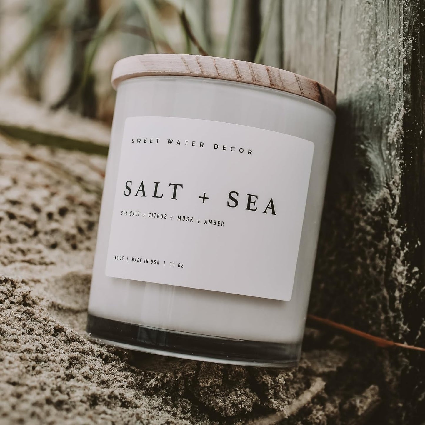 Sweet Water Decor Salt and Sea Candle - Sea Salt, Citrus, Amber, Musk, Beach Scented Soy Candles for Home - 11oz White Glass Jar   Wood Lid, 50  Hour Burn Time, Made in the USA