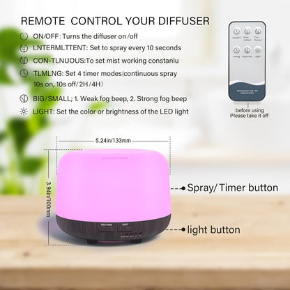 SPLITSKY Aromatherapy Essential Oil Home Diffuser with Remote Control, 300ML Large Room Cool Mist Air Humidifier, 8 Hours Quiet Operation, Timer, 7 Colors LED Night Night，Suitable Home,Yoga.