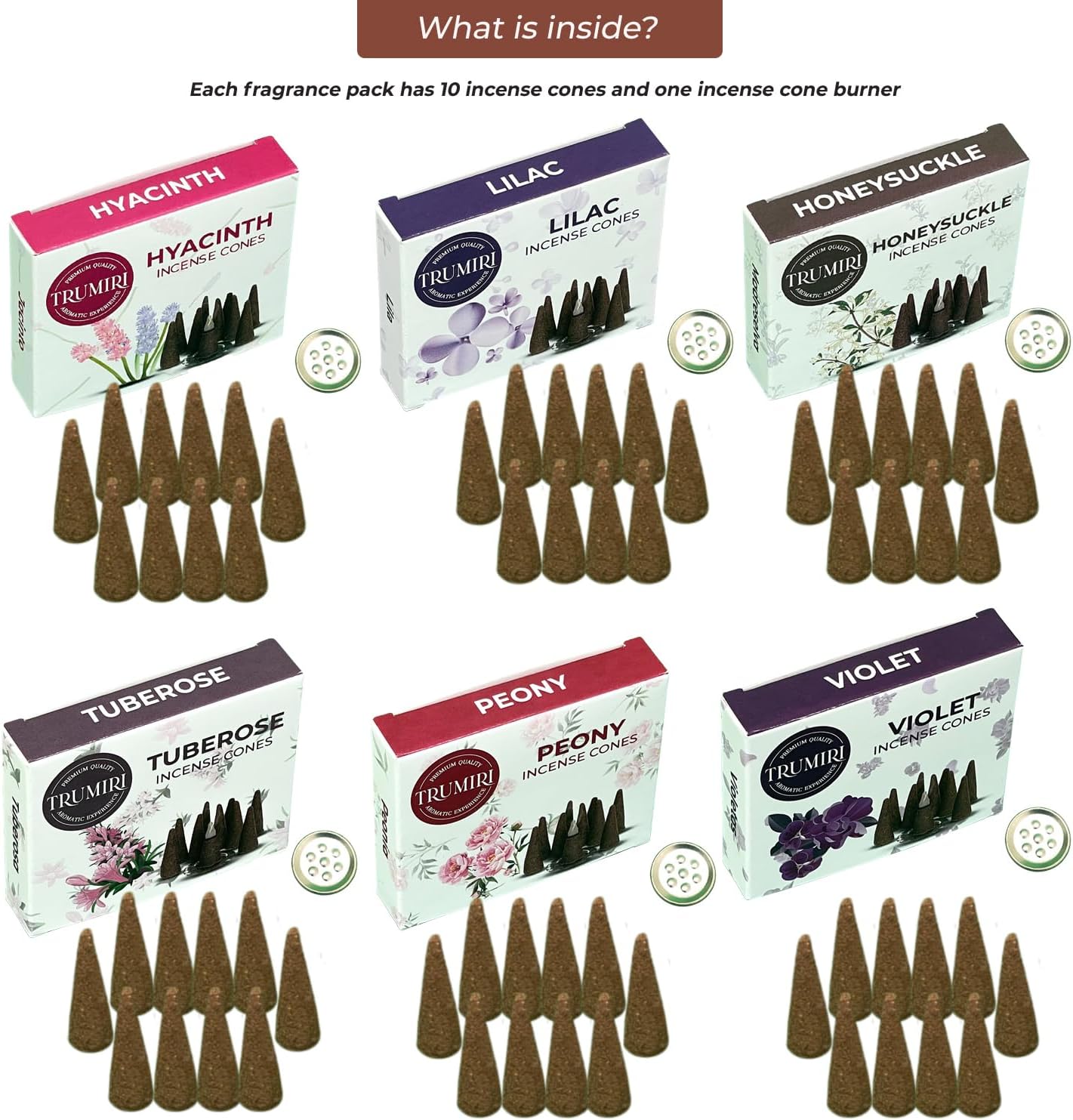 Trumiri Woody Incense Cones - Variety Pack - Total 60 Cone Incense (6 Scents x 10 Conos) - White Sage, Palo Santo, Dragons Blood, Sandalwood - Inscents-Cones Scented - Insense Cones - Incent Cone