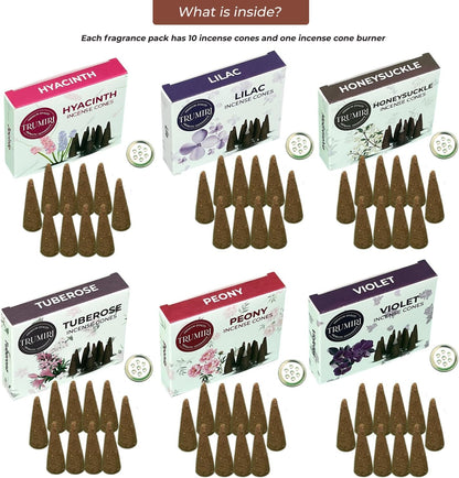 Trumiri Woody Incense Cones - Variety Pack - Total 60 Cone Incense (6 Scents x 10 Conos) - White Sage, Palo Santo, Dragons Blood, Sandalwood - Inscents-Cones Scented - Insense Cones - Incent Cone