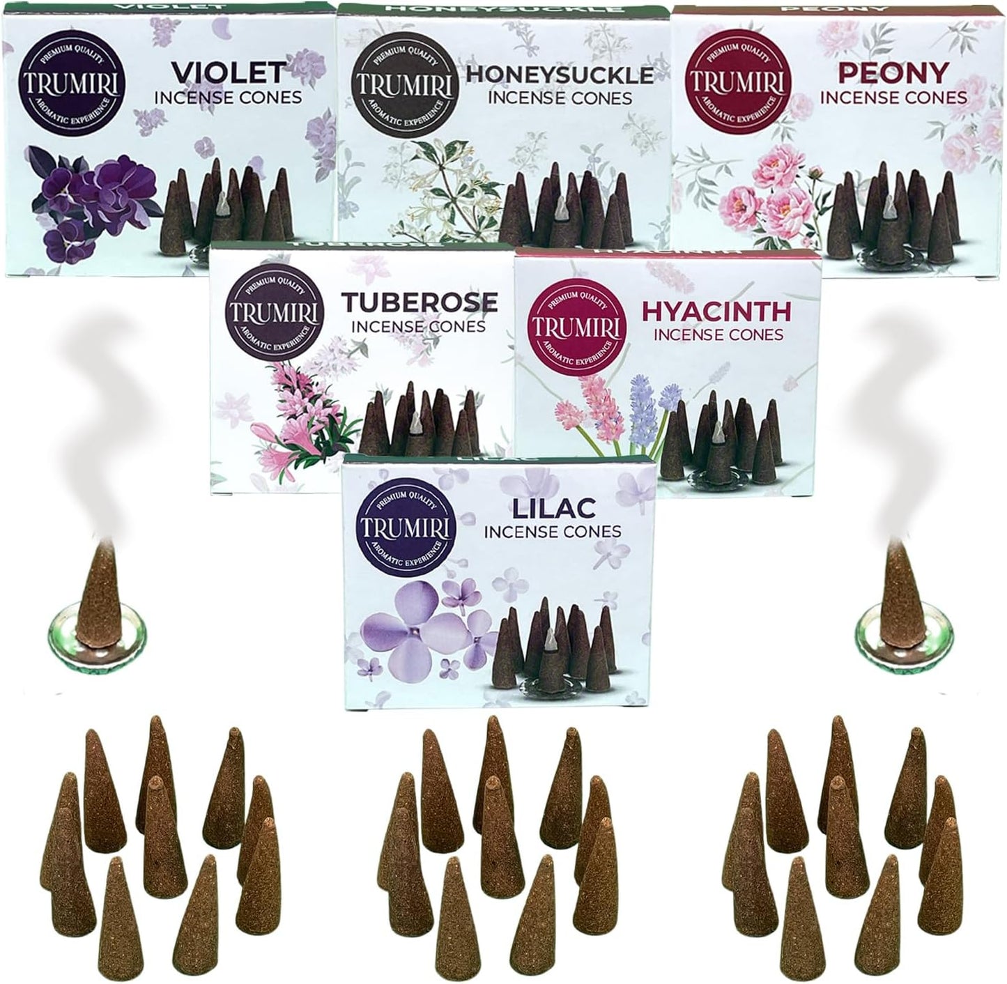 Trumiri Woody Incense Cones - Variety Pack - Total 60 Cone Incense (6 Scents x 10 Conos) - White Sage, Palo Santo, Dragons Blood, Sandalwood - Inscents-Cones Scented - Insense Cones - Incent Cone