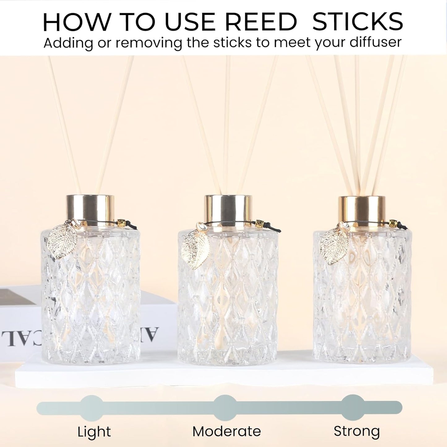 Trifolic Reed Diffuser Set with Metal Golden Decoration, 3.5-4.2oz Empty Reed Diffuser Bottles with 20Pcs Reed Diffuser Sticks, Unique Design Bottles for Home and Office