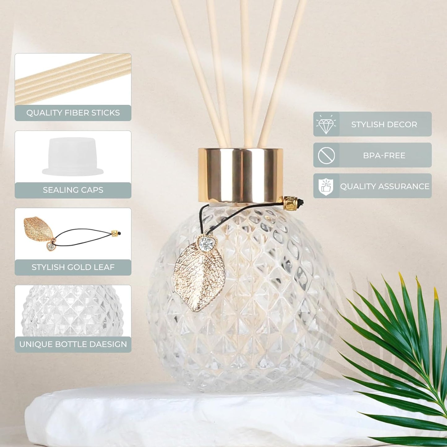 Trifolic Reed Diffuser Set with Metal Golden Decoration, 3.5-4.2oz Empty Reed Diffuser Bottles with 20Pcs Reed Diffuser Sticks, Unique Design Bottles for Home and Office