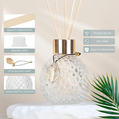 Trifolic Reed Diffuser Set with Metal Golden Decoration, 3.5-4.2oz Empty Reed Diffuser Bottles with 20Pcs Reed Diffuser Sticks, Unique Design Bottles for Home and Office